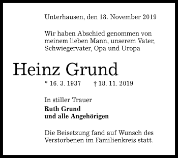Anzeige von Heinz Grund von Reutlinger General-Anzeiger