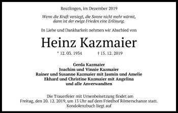 Anzeige von Heinz Kazmaier von Reutlinger General-Anzeiger