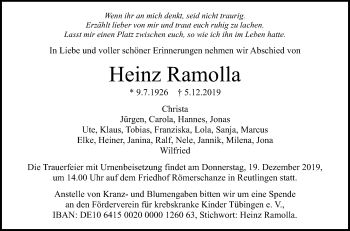 Anzeige von Heinz Ramolla von Reutlinger General-Anzeiger