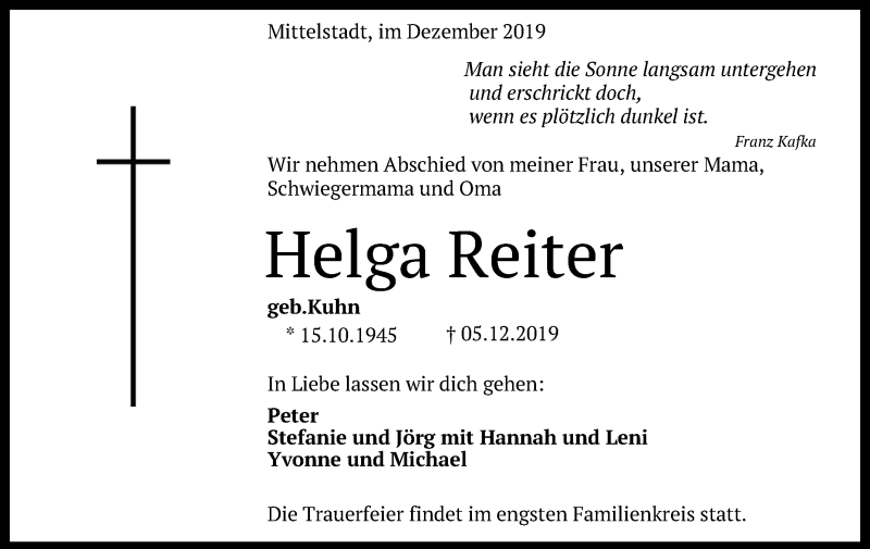  Traueranzeige für Helga Reiter vom 07.12.2019 aus Reutlinger General-Anzeiger