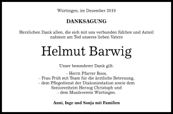 Anzeige von Helmut Barwig von Reutlinger General-Anzeiger