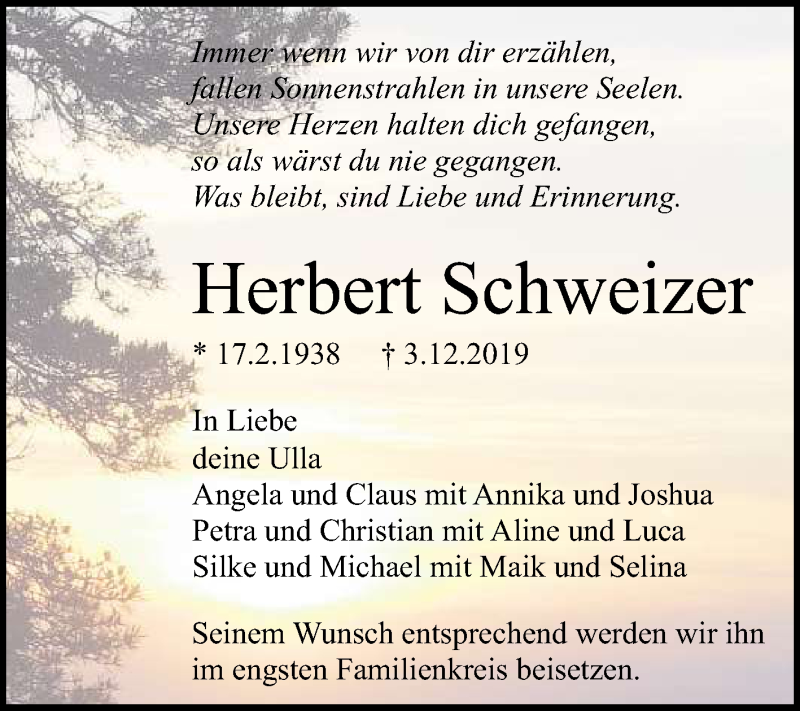  Traueranzeige für Herbert Schweizer vom 07.12.2019 aus Reutlinger General-Anzeiger