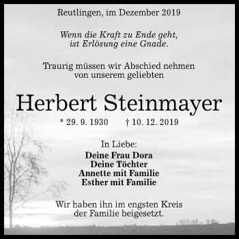 Anzeige von Herbert Steinmayer von Reutlinger General-Anzeiger