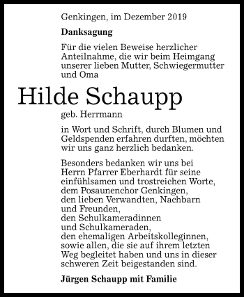 Anzeige von Hilde Schaupp von Reutlinger General-Anzeiger