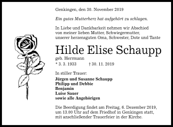 Anzeige von Hilde Elise Schaupp von Reutlinger General-Anzeiger