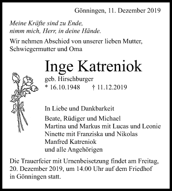 Anzeige von Inge Katreniok von Reutlinger General-Anzeiger