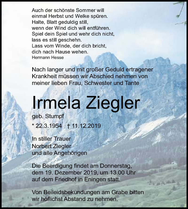  Traueranzeige für Irmela Ziegler vom 17.12.2019 aus Reutlinger General-Anzeiger