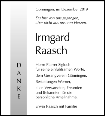 Anzeige von Irmgard Raasch von Reutlinger General-Anzeiger