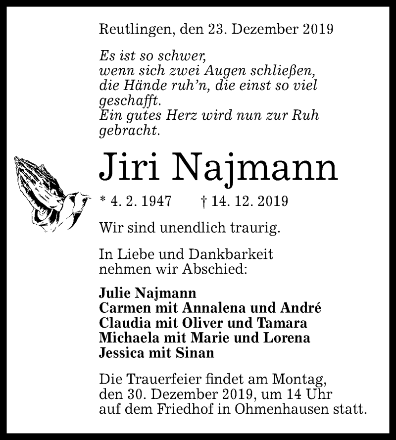  Traueranzeige für Jiri Najmann vom 23.12.2019 aus Reutlinger General-Anzeiger