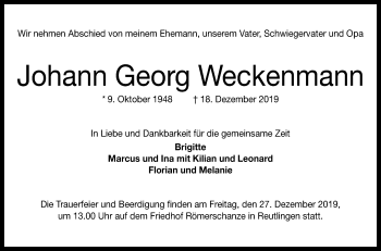 Anzeige von Johann Georg Weckenmann von Reutlinger General-Anzeiger