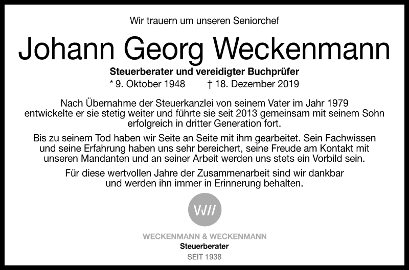  Traueranzeige für Johann Georg Weckenmann vom 21.12.2019 aus Reutlinger General-Anzeiger