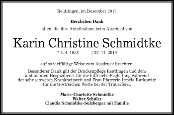 Anzeige von Karin Christine Schmidtke von Reutlinger General-Anzeiger