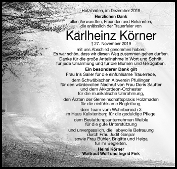 Anzeige von Karlheinz Körner von Reutlinger General-Anzeiger