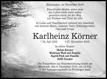 Anzeige von Karlheinz Körner von Reutlinger General-Anzeiger