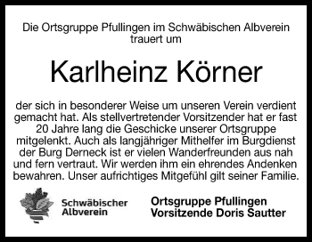 Anzeige von Karlheinz Körner von Reutlinger General-Anzeiger