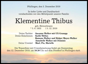 Anzeige von Klementine Thibus von Reutlinger General-Anzeiger
