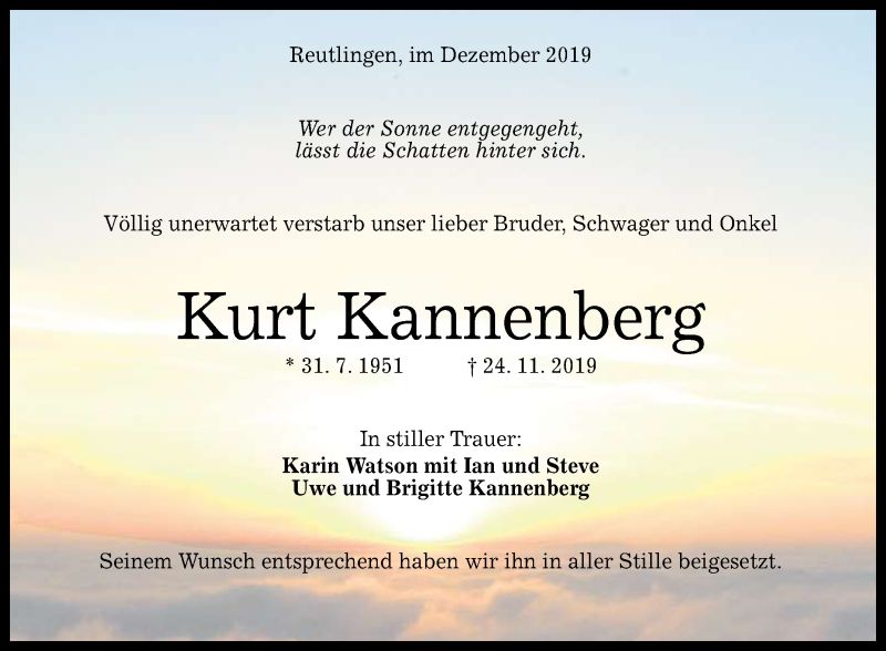  Traueranzeige für Kurt Kannenberg vom 14.12.2019 aus Reutlinger General-Anzeiger