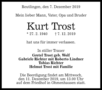 Anzeige von Kurt Trost von Reutlinger General-Anzeiger