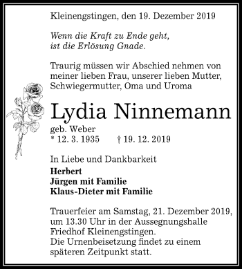 Anzeige von Lydia Ninnemann von Reutlinger General-Anzeiger