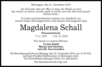 Anzeige von Magdalena Schall von Reutlinger General-Anzeiger