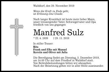 Anzeige von Manfred Sulz von Reutlinger General-Anzeiger