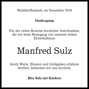 Anzeige von Manfred Sulz von Reutlinger General-Anzeiger