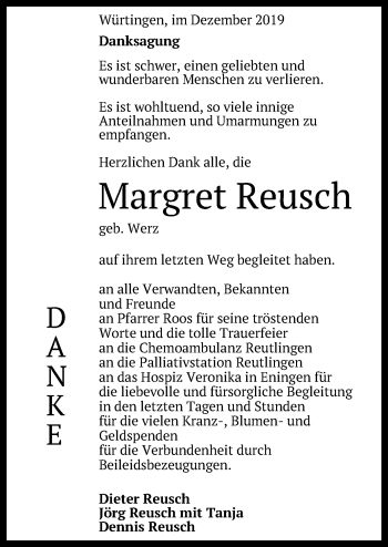 Anzeige von Margret Reusch von Reutlinger General-Anzeiger