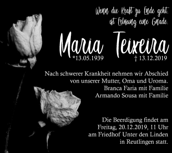 Anzeige von Maria Teixeira von Reutlinger General-Anzeiger