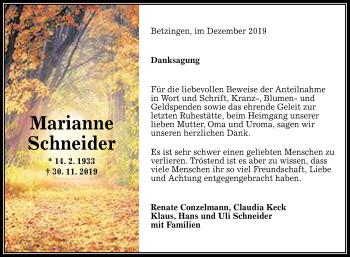Anzeige von Marianne Schneider von Reutlinger General-Anzeiger
