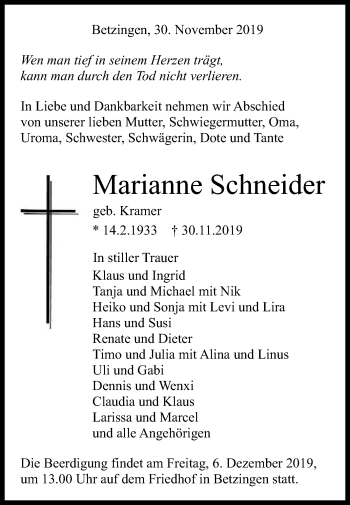 Anzeige von Marianne Schneider von Reutlinger General-Anzeiger