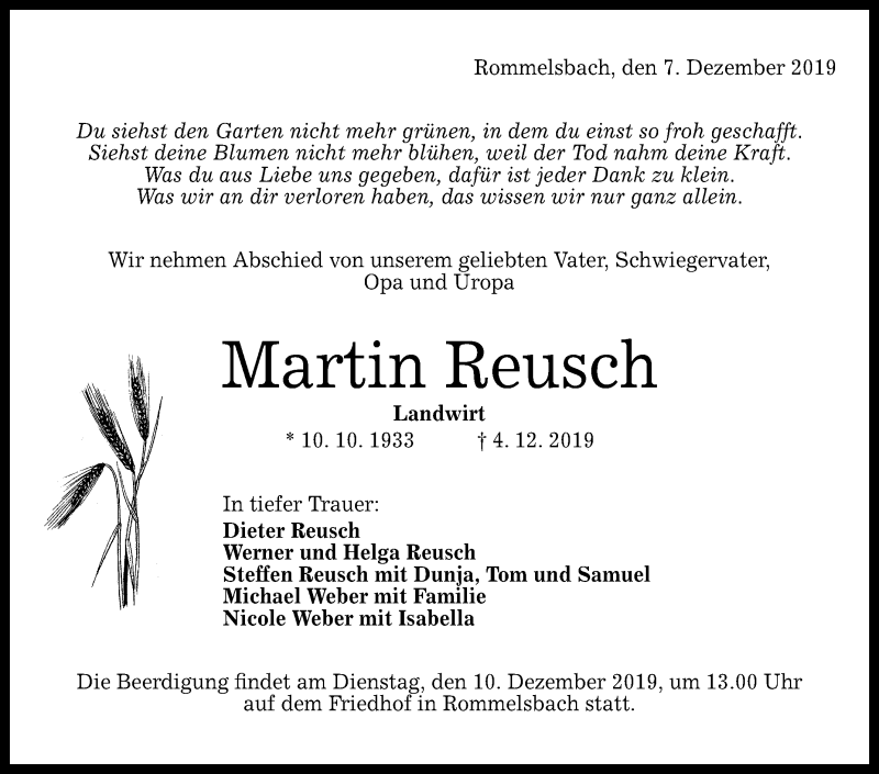  Traueranzeige für Martin Reusch vom 07.12.2019 aus Reutlinger General-Anzeiger