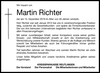 Anzeige von Martin Richter von Reutlinger General-Anzeiger