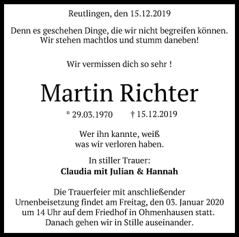 Anzeige von Martin Richter von Reutlinger General-Anzeiger