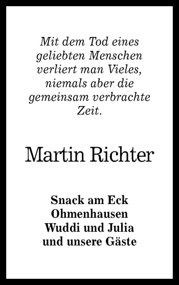 Anzeige von Martin Richter von Reutlinger General-Anzeiger