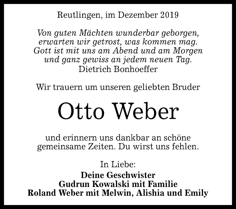  Traueranzeige für Otto Weber vom 18.12.2019 aus Reutlinger General-Anzeiger