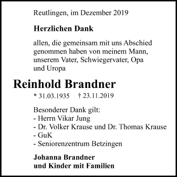 Anzeige von Reinhold Brandner von Reutlinger General-Anzeiger