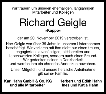 Anzeige von Richard Geigle von Reutlinger General-Anzeiger