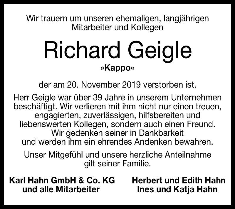  Traueranzeige für Richard Geigle vom 03.12.2019 aus Reutlinger General-Anzeiger