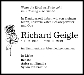 Anzeige von Richard Geigle von Reutlinger General-Anzeiger