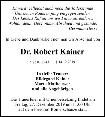 Anzeige von Robert Kainer von Reutlinger General-Anzeiger