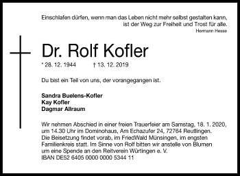 Anzeige von Rolf Kofler von Reutlinger General-Anzeiger