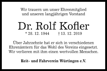 Anzeige von Rolf Kofler von Reutlinger General-Anzeiger