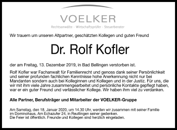 Anzeige von Rolf Kofler von Reutlinger General-Anzeiger