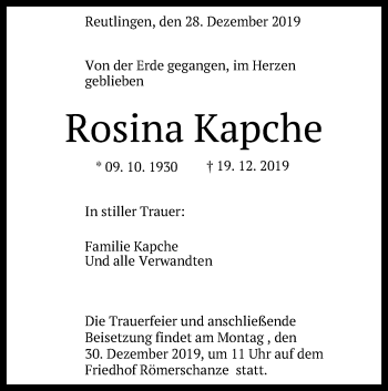 Anzeige von Rosina Kapche von Reutlinger General-Anzeiger