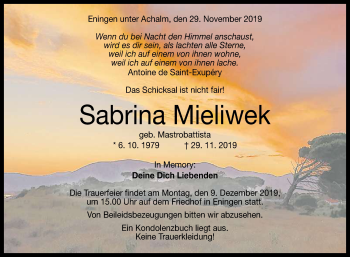 Anzeige von Sabrina Mieliwek von Reutlinger General-Anzeiger