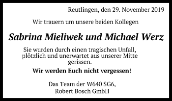 Anzeige von Sabrina Mieliewek und Michael Werz von Reutlinger General-Anzeiger