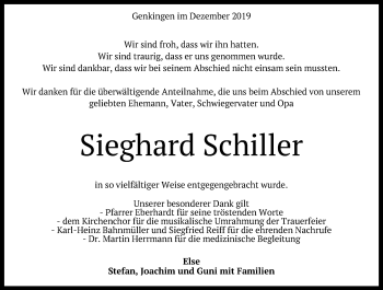 Anzeige von Sieghard Schiller von Reutlinger General-Anzeiger