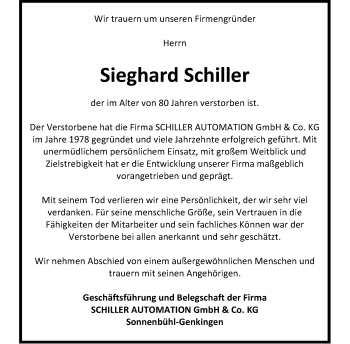 Anzeige von Sieghard Schiller von Reutlinger General-Anzeiger