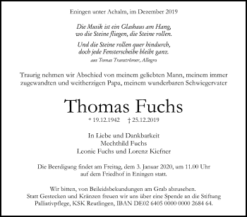 Anzeige von Thomas Fuchs von Reutlinger General-Anzeiger