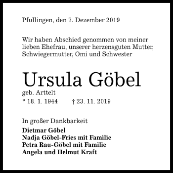 Anzeige von Ursula Göbel von Reutlinger General-Anzeiger